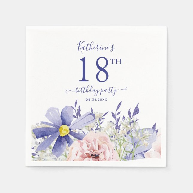 Elegant Pink Purple Floral 18th Birthday Party Napkins (Front)
