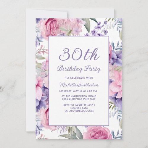 Elegant Pink Purple Floral 30th Birthday Invitation