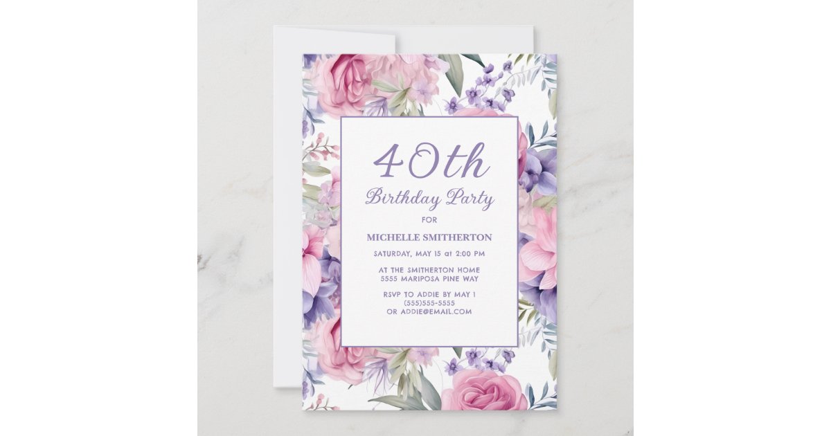Elegant Pink Purple Floral 40th Birthday Invitation | Zazzle