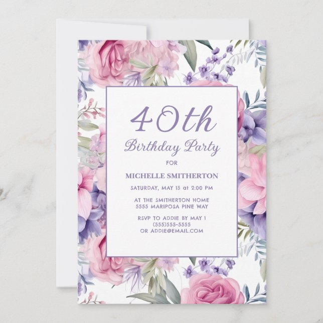 Elegant Pink Purple Floral 40th Birthday Invitation (Front)