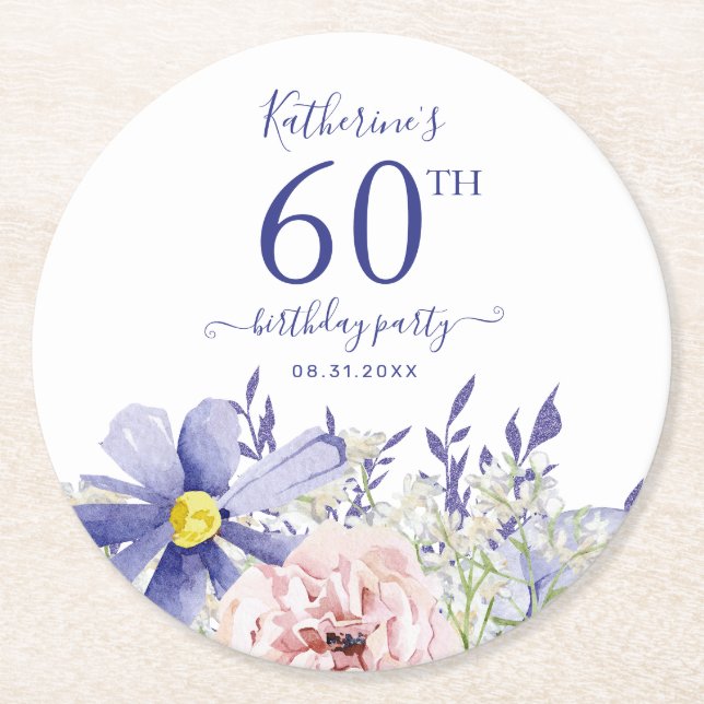 Elegant Pink Purple Floral 60th Birthday Party Round Paper Coaster (Front)
