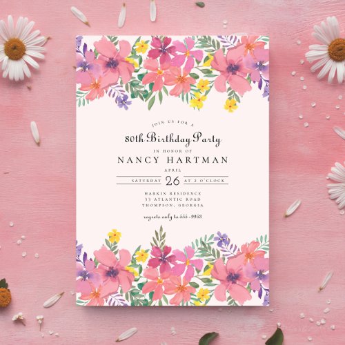 Elegant Pink Purple Floral 80th Birthday Party Invitation