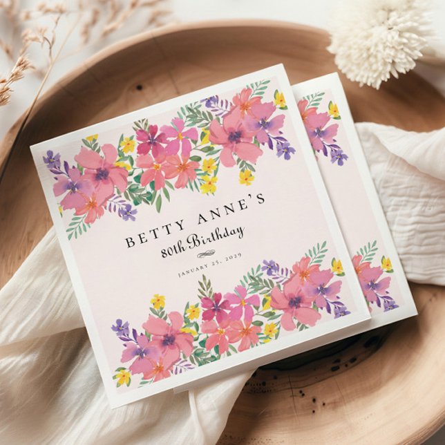 Elegant Pink Purple Floral 80th Birthday Party Napkins (Creator Uploaded)