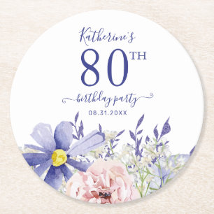 Elegant Pink Purple Floral 80th Birthday Party Round Paper Coaster