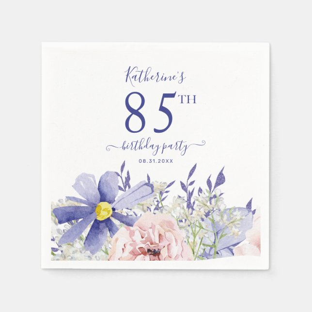 Elegant Pink Purple Floral 85th Birthday Party Napkins (Front)