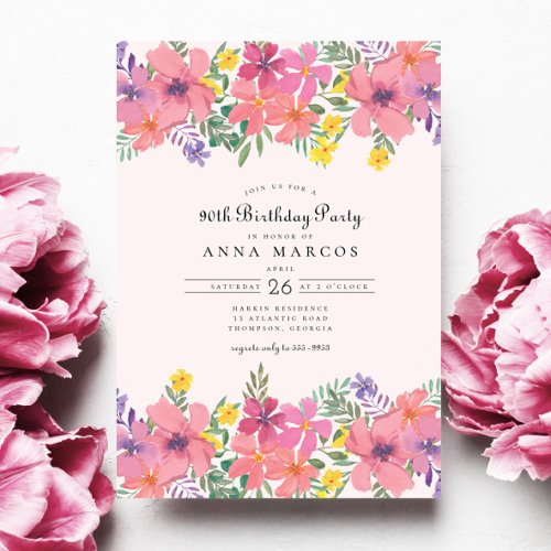 Elegant Pink Purple Floral 90th Birthday Party