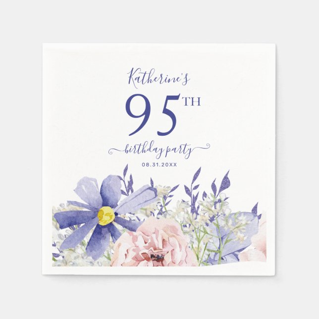 Elegant Pink Purple Floral 95th Birthday Party Napkins (Front)