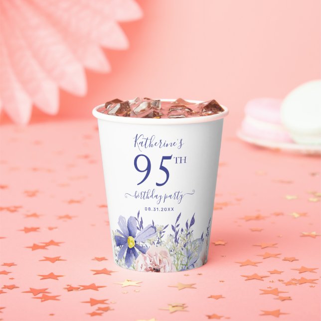 Elegant Pink Purple Floral 95th Birthday Party Paper Cups (Insitu)