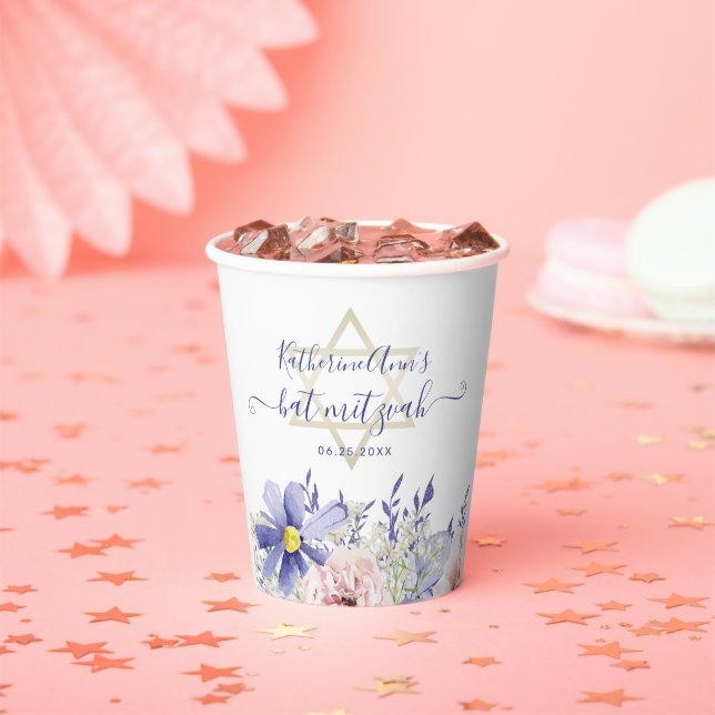 Elegant Pink Purple Floral Bat Mitzvah Paper Cups (Insitu)