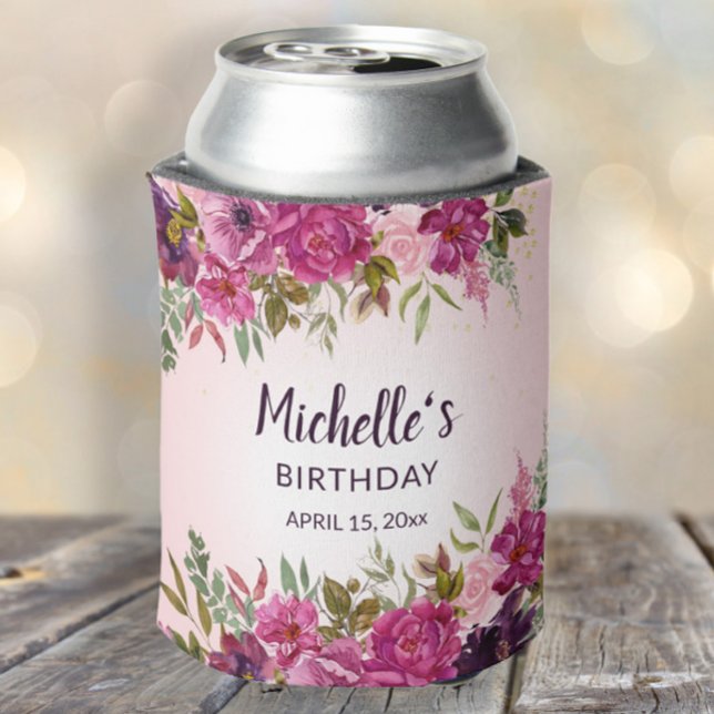 Elegant Pink Purple Floral Birthday Favors  Can Cooler (Pink and purple watercolor floral birthday party can coolers/party favors)