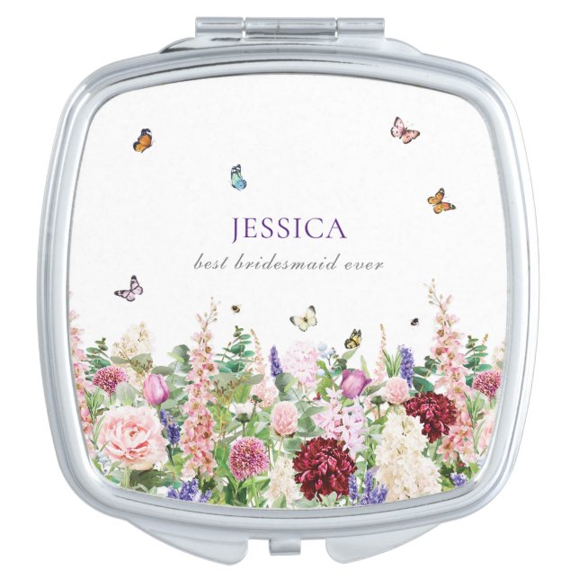 Elegant Pink & Purple Floral Bridesmaid  Compact Mirror (Front)