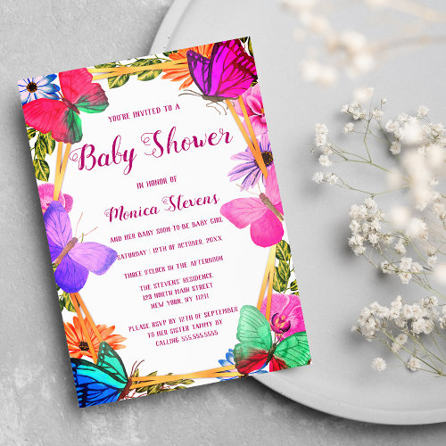 Pink gold purple butterfly girl baby shower invitation