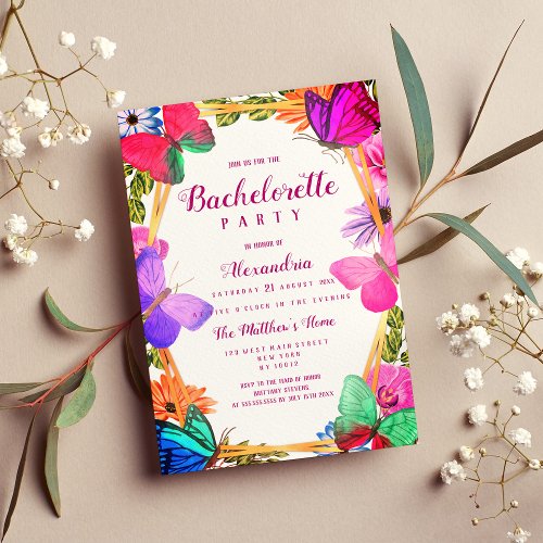 Elegant Pink Purple Floral Butterfly Bachelorette Invitation