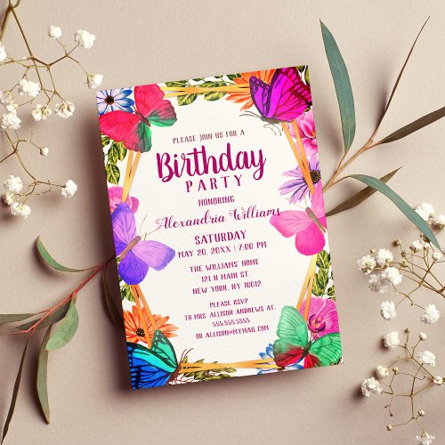 Elegant Pink Purple Floral Butterfly Birthday Invitation Postcard