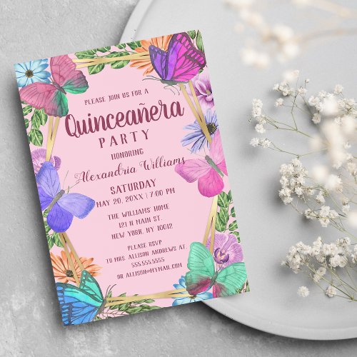 Elegant Pink Purple Floral Butterfly Quinceaera Invitation