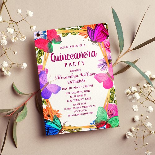 Elegant Pink Purple Floral Butterfly Quinceaera Invitation Postcard