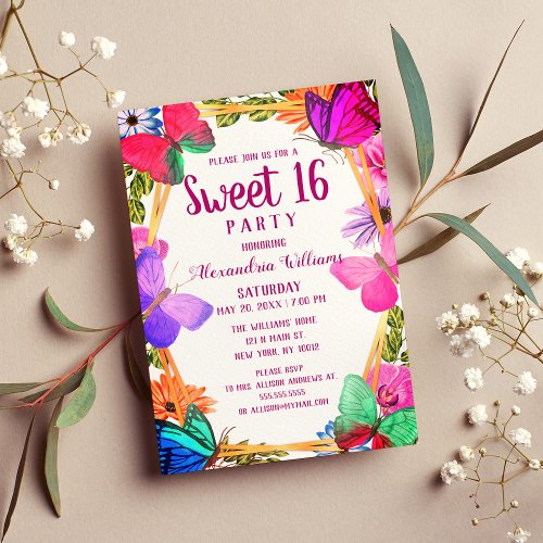 Elegant Pink Purple Floral Butterfly Sweet 16 Invitation Postcard
