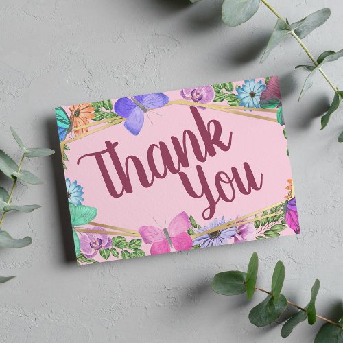 Elegant Pink Purple Floral Butterfly Watercolor Thank You Card