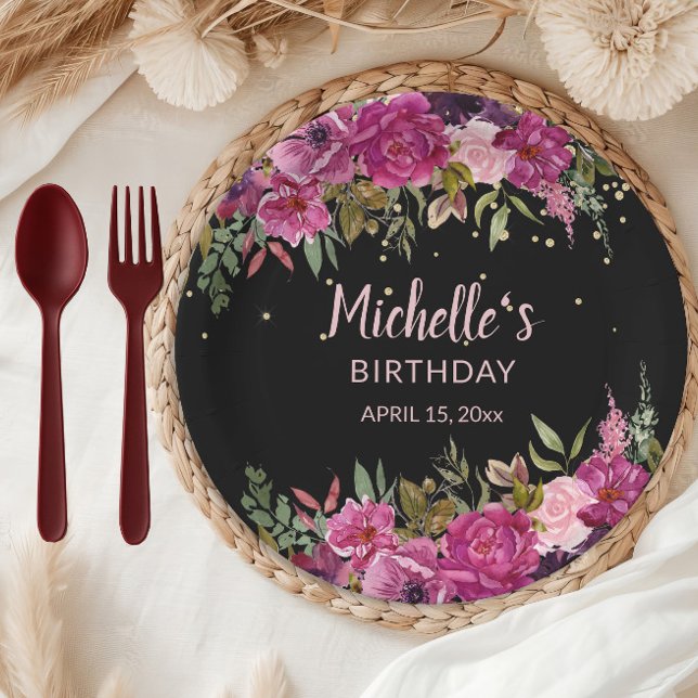 Elegant Pink Purple Floral Glitter Black Birthday Paper Plates (Pink and burgundy watercolor floral on black birthday party paper plate)