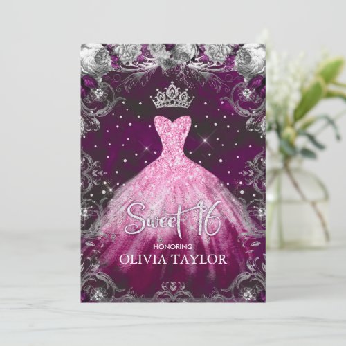 Elegant pink purple floral glitter gown sweet 16 invitation