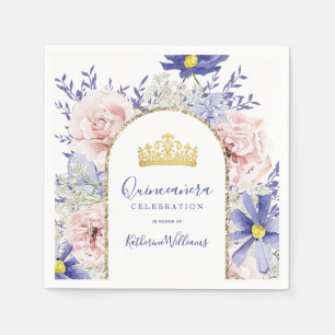 Elegant Pink Purple Floral Gold Crown Quinceañera Napkins