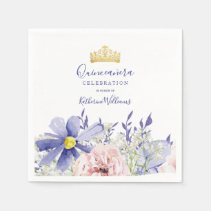 Elegant Pink Purple Floral Gold Crown Quinceañera Napkins