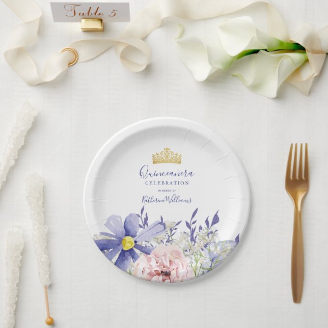 Elegant Pink Purple Floral Gold Crown Quinceañera Paper Plates (Wedding)