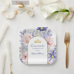 Elegant Pink Purple Floral Gold Crown Quinceañera Paper Plates