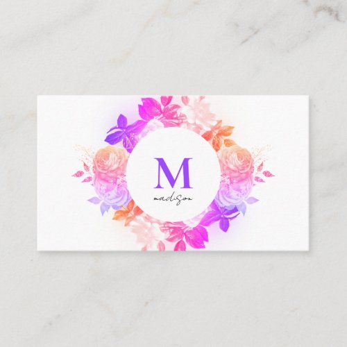 Elegant Pink Purple Floral Monogram QR Code Business Card