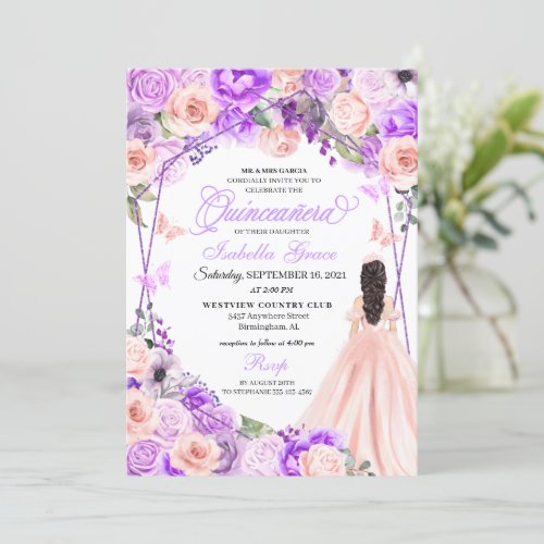 Elegant Pink  Purple Floral Quinceanera Invitatio Invitation