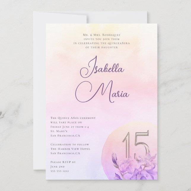Elegant Pink Purple Floral Quinceanera Party Invitation (Front)