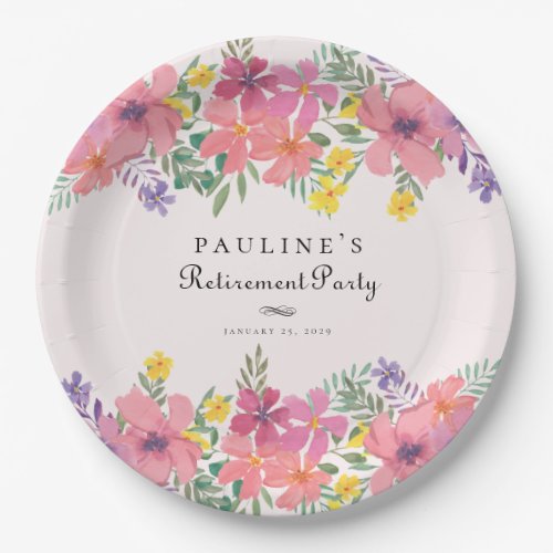 Elegant Pink Purple Floral Retirement Party Paper Plates