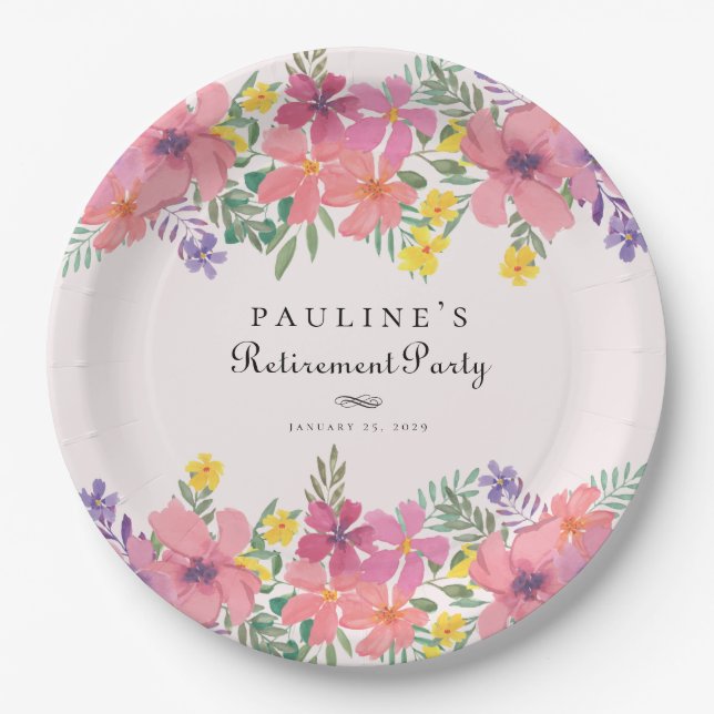 Elegant Pink Purple Floral Retirement Party Paper Plates (Front)