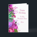 Elegant Pink Purple Floral Sister Name Birthday Card<br><div class="desc">This image features a vibrant and decorative floral design. It includes various shades of purple, pink, and green flowers and foliage, with intricate detailing. The flowers appear layered, creating a rich and luxurious texture. There are small berries and stylized, glitter-like accents on some of the elements, giving it a whimsical...</div>