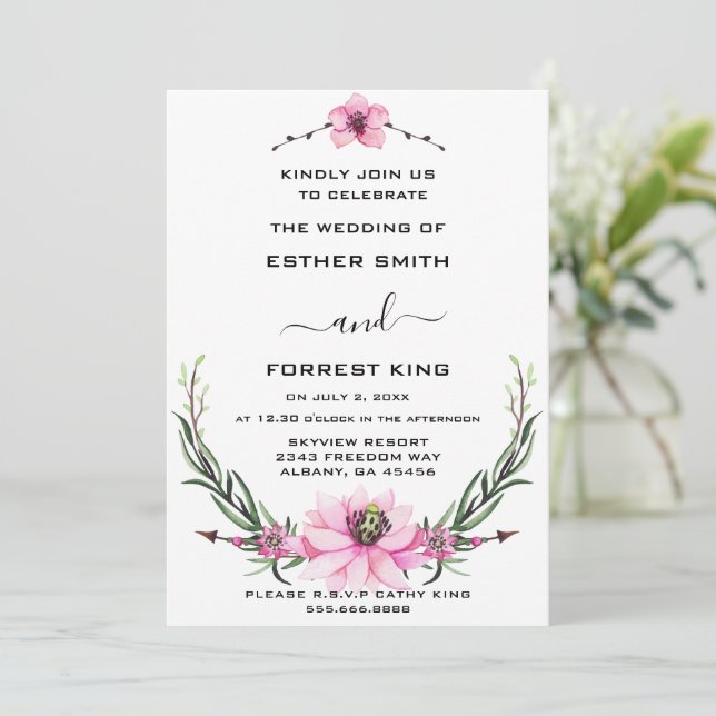 Elegant Pink & Purple Floral Wedding Invitation (Standing Front)