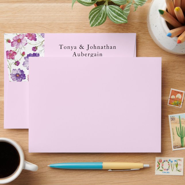 Elegant Pink Purple Floral Wedding Return Address  Envelope (Desk)