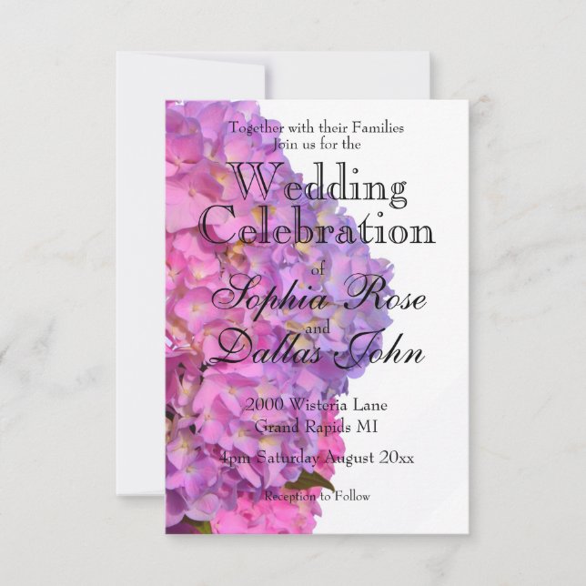 Elegant pink purple florals hydrangeas invitation (Front)