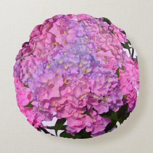 Elegant pink purple florals hydrangeas round pillow