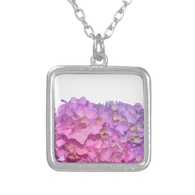 Elegant pink purple florals hydrangeas silver plated necklace (Front)