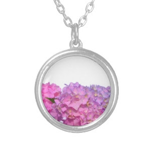 Elegant pink purple florals hydrangeas silver plated necklace