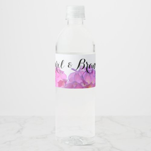 Elegant pink purple florals hydrangeas water bottle label