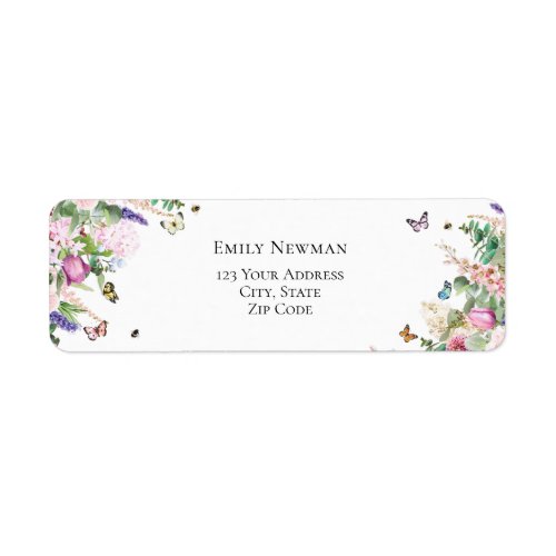 Elegant Pink Purple Flowers  Butterflies Label