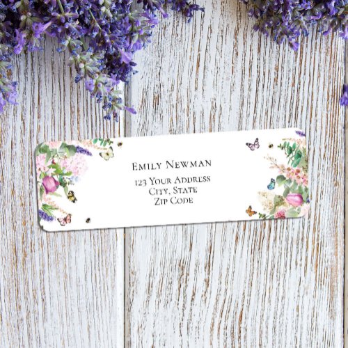 Elegant Pink Purple Flowers  Butterflies Label