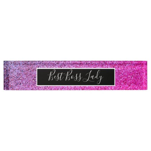 Elegant Pink Purple Glitter Ombre Best Boss Lady Desk Name Plate