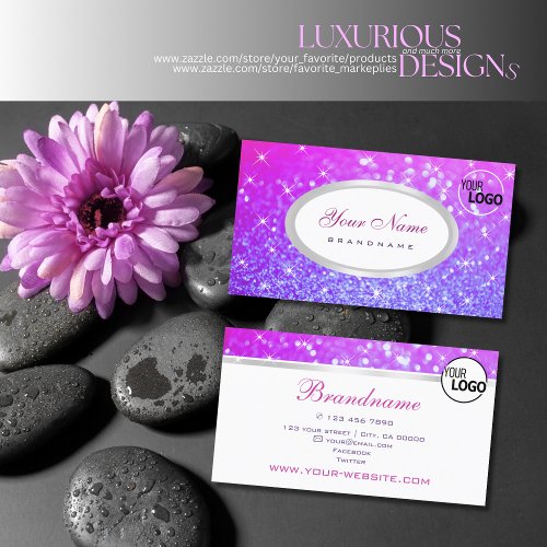 Elegant Pink Purple Glitter Sparkle Stars and Logo Business Card