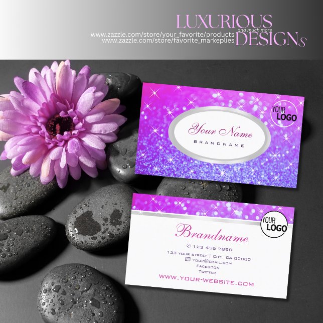 Elegant Pink Purple Glitter Sparkle Stars and Logo Business Card (Creator Uploaded)