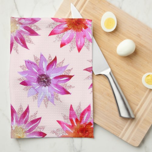 Elegant Pink Purple Glitter Watercolor Flowers Kitchen Towel