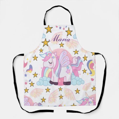 Elegant Pink Purple Gold Star Unicorn Name Apron