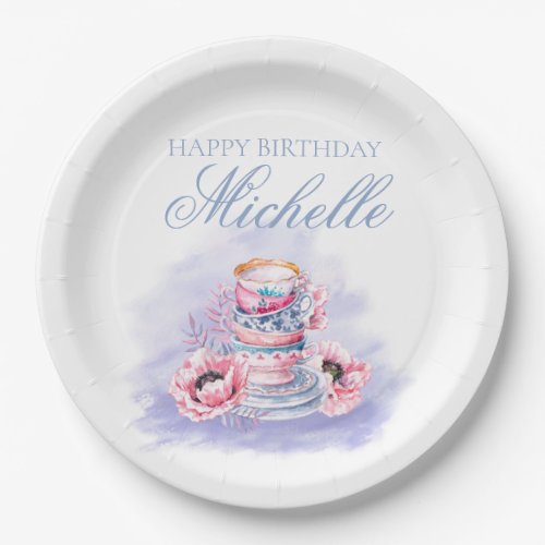 Elegant Pink Purple Happy Birthday Tea Party Paper Plates