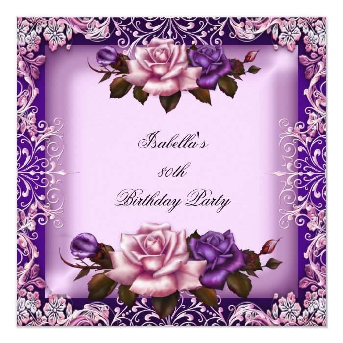 elegant pink purple lilac rose 80th birthday party card purple birthday card